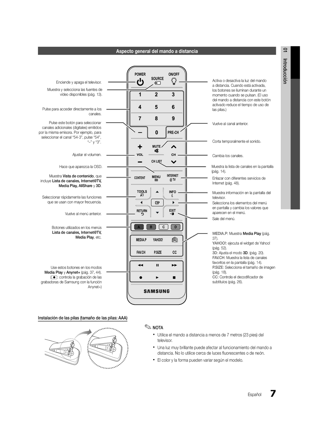 Samsung UN46C7000, BN68-02627A-06 Aspecto general del mando a distancia, Instalación de las pilas tamaño de las pilas AAA 