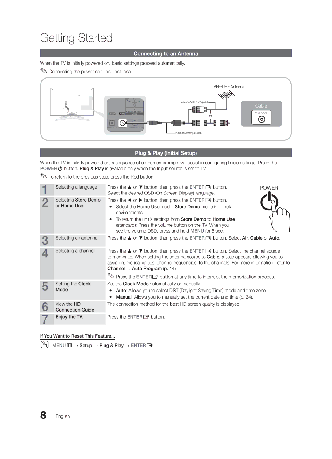 Samsung Series C7 Connecting to an Antenna, Plug & Play Initial Setup, Press the or button, then press the ENTEREbutton 