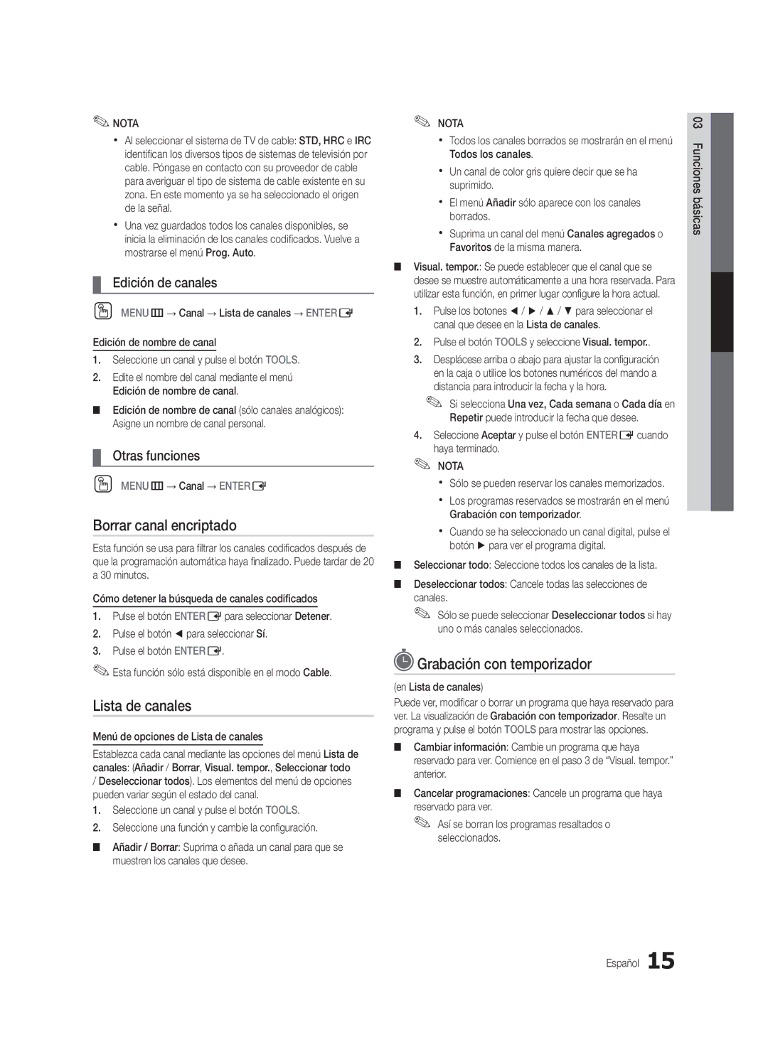 Samsung BN68-02627A-06, UN46C7000 Borrar canal encriptado, Grabación con temporizador, Edición de canales, Otras funciones 