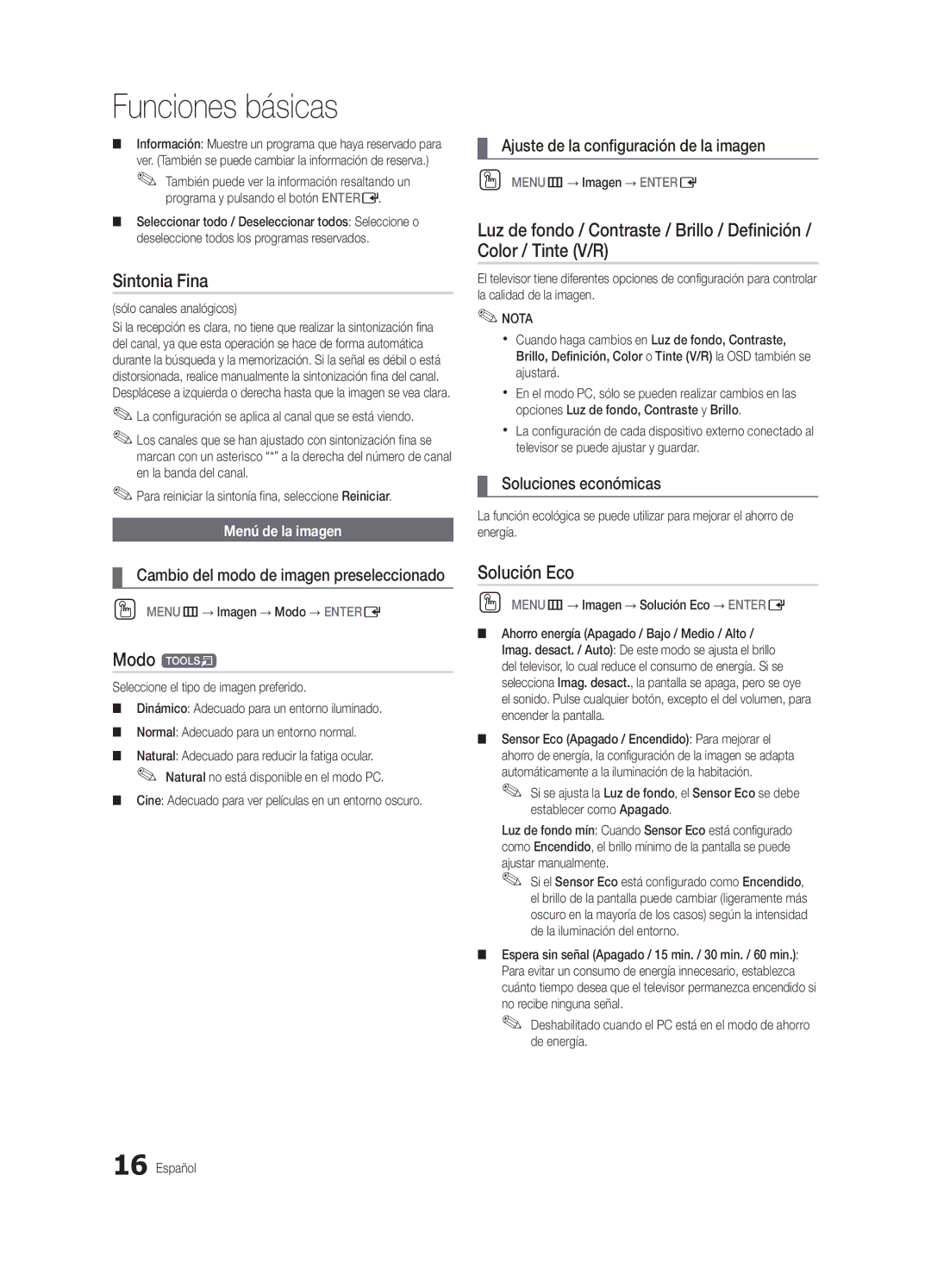 Samsung UN46C7000, BN68-02627A-06, Series C7 user manual Sintonia Fina, Modo t, Solución Eco 