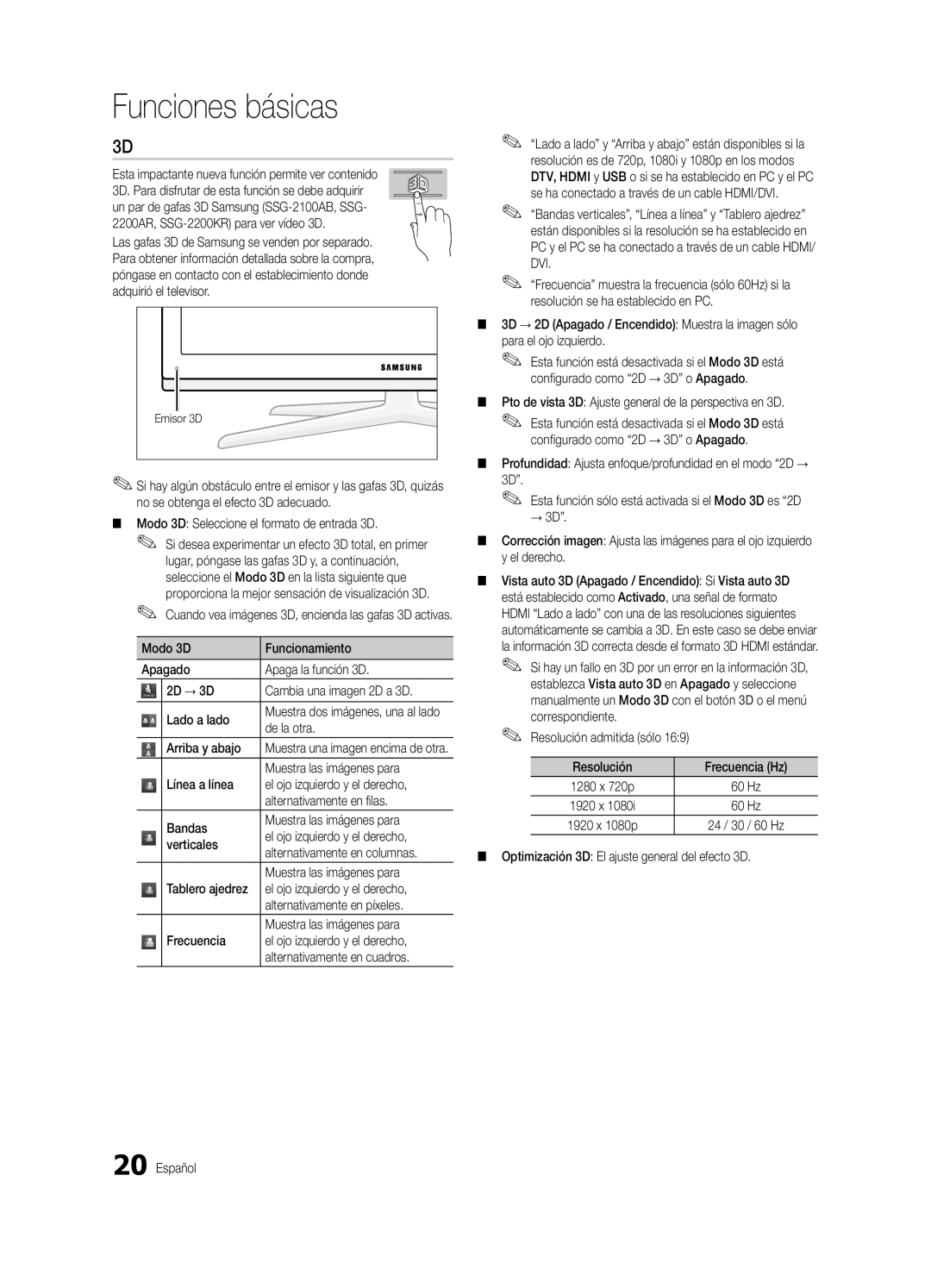 Samsung Series C7 Modo 3D Seleccione el formato de entrada 3D, De la otra, Arriba y abajo, Muestra las imágenes para 