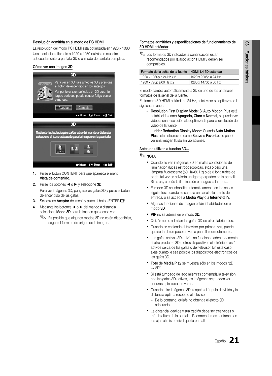 Samsung BN68-02627A-06 Resolución admitida en el modo de PC Hdmi, Cómo ver una imagen 3D, Antes de utilizar la función 3D 