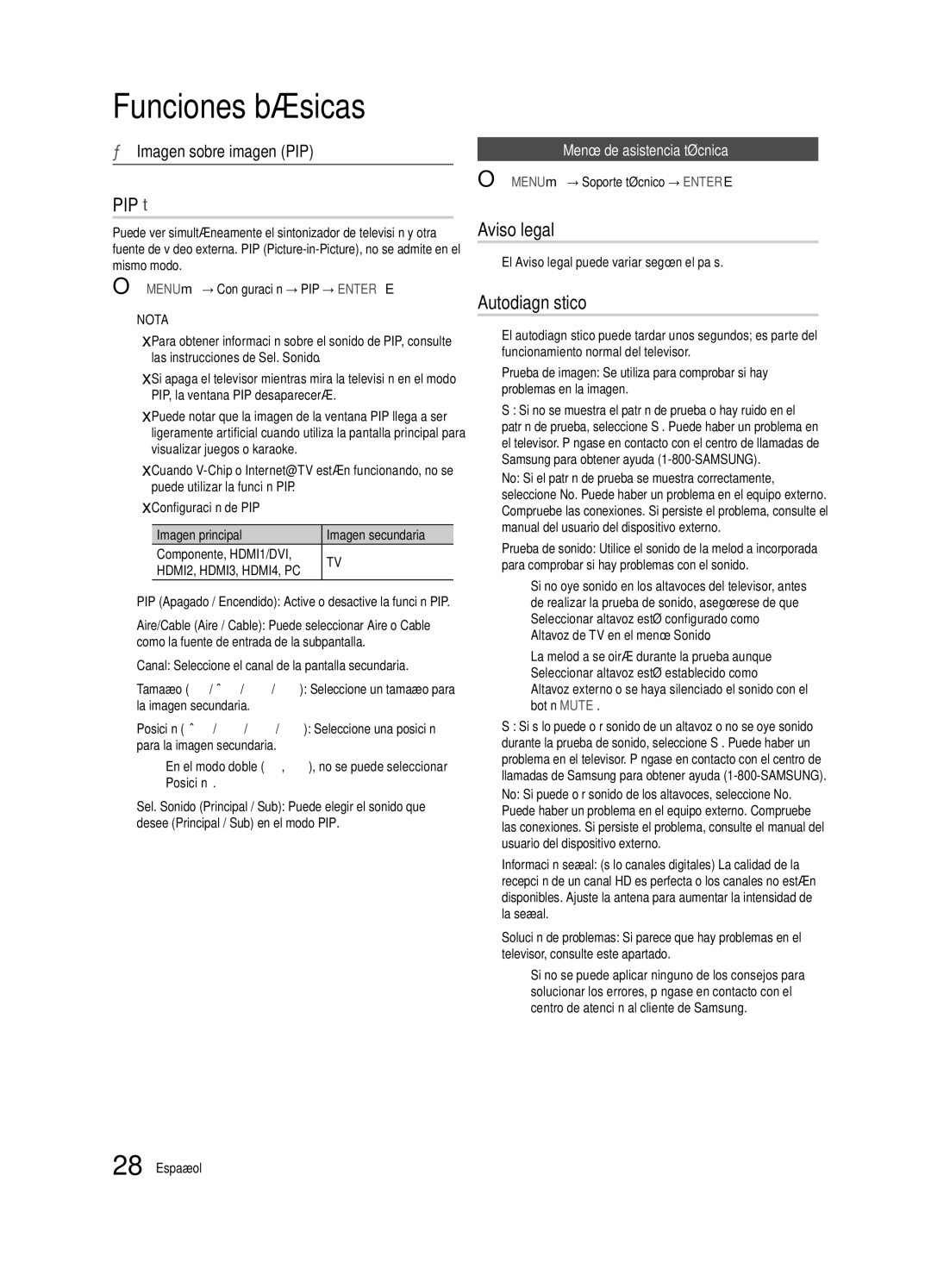 Samsung UN46C7000, BN68-02627A-06 Aviso legal, Autodiagnóstico, Imagen sobre imagen PIP, Menú de asistencia técnica 