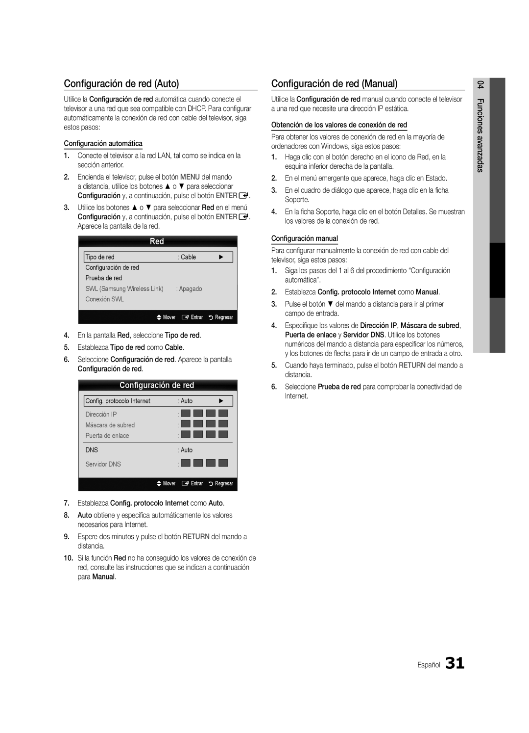 Samsung UN46C7000, BN68-02627A-06, Series C7 user manual Configuración de red Auto, Configuración de red Manual, Red 