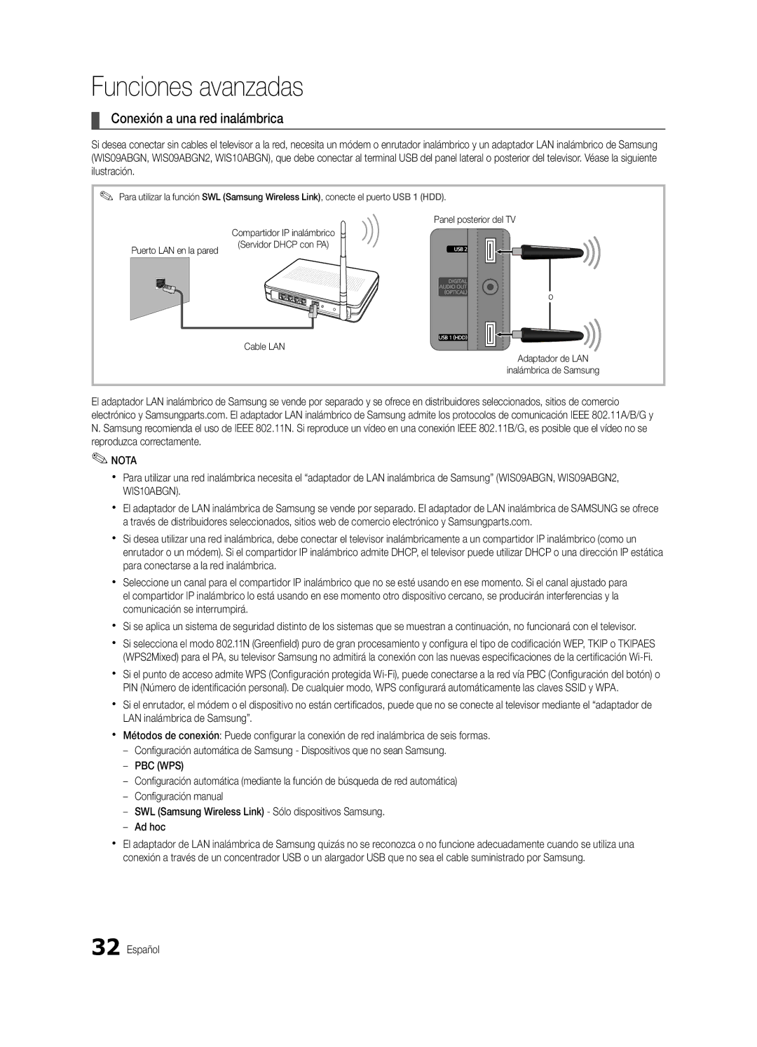 Samsung Series C7, BN68-02627A-06 Conexión a una red inalámbrica, Cable LAN Adaptador de LAN Inalámbrica de Samsung 