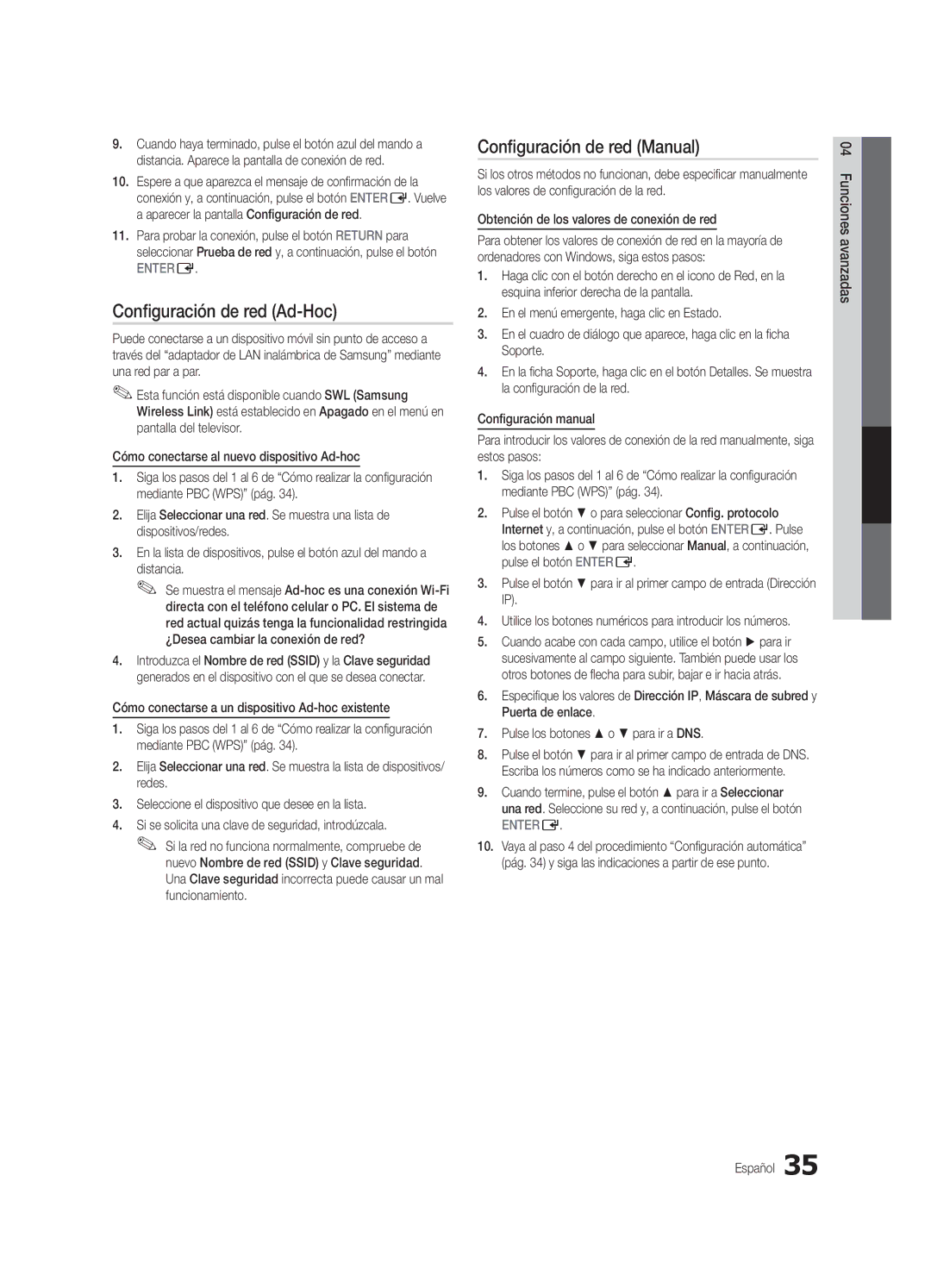 Samsung UC7000-NA Configuración de red Ad-Hoc, Distancia, Utilice los botones numéricos para introducir los números 