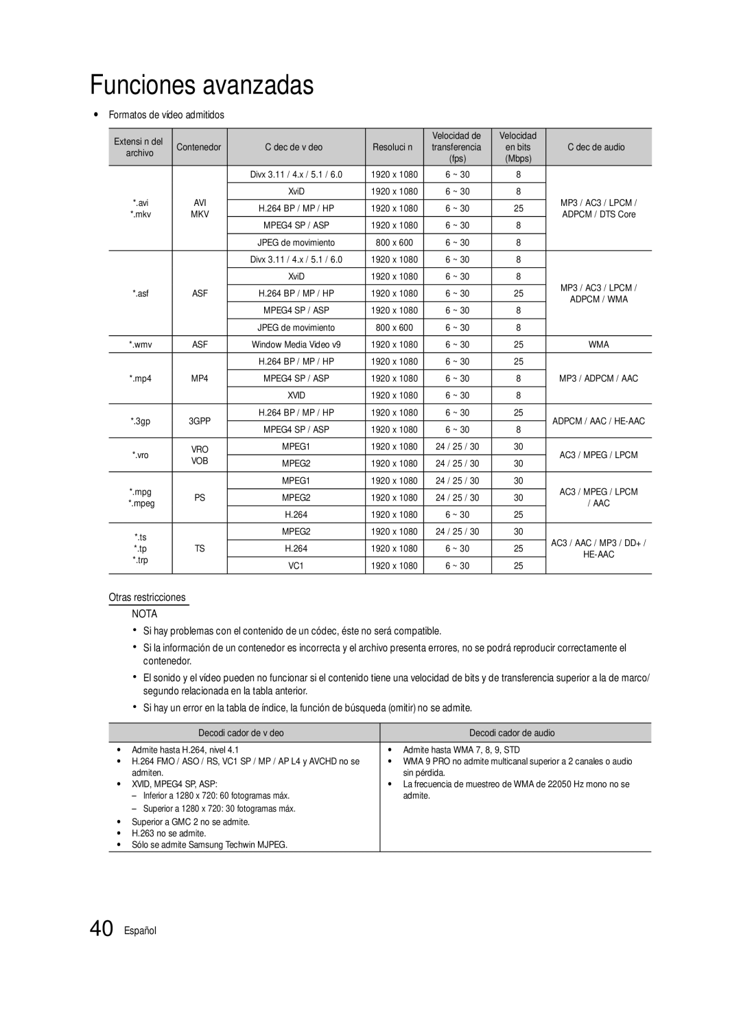 Samsung BN68-02627A-07 Yy Formatos de vídeo admitidos, Extensión del Velocidad de, 264 1920 x, Admiten Sin pérdida 