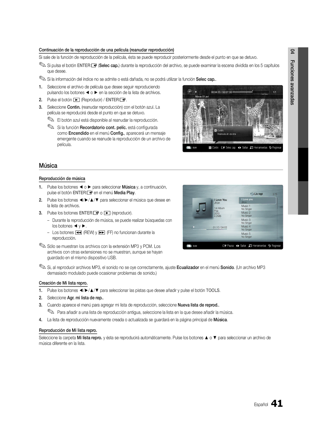 Samsung UC7000-NA user manual Música, La lista de archivos, Los botones y, Los botones REW y µ FF no funcionan durante la 