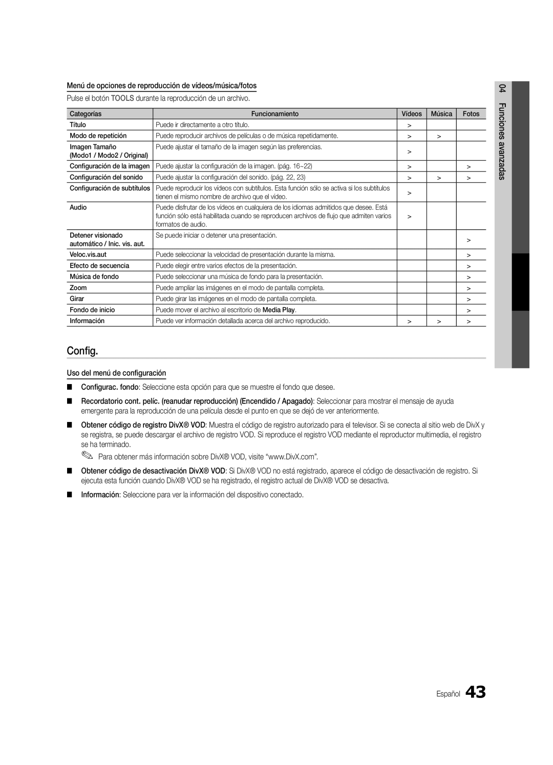 Samsung UC7000-NA, BN68-02627A-07 user manual Config, Tienen el mismo nombre de archivo que el vídeo Audio 