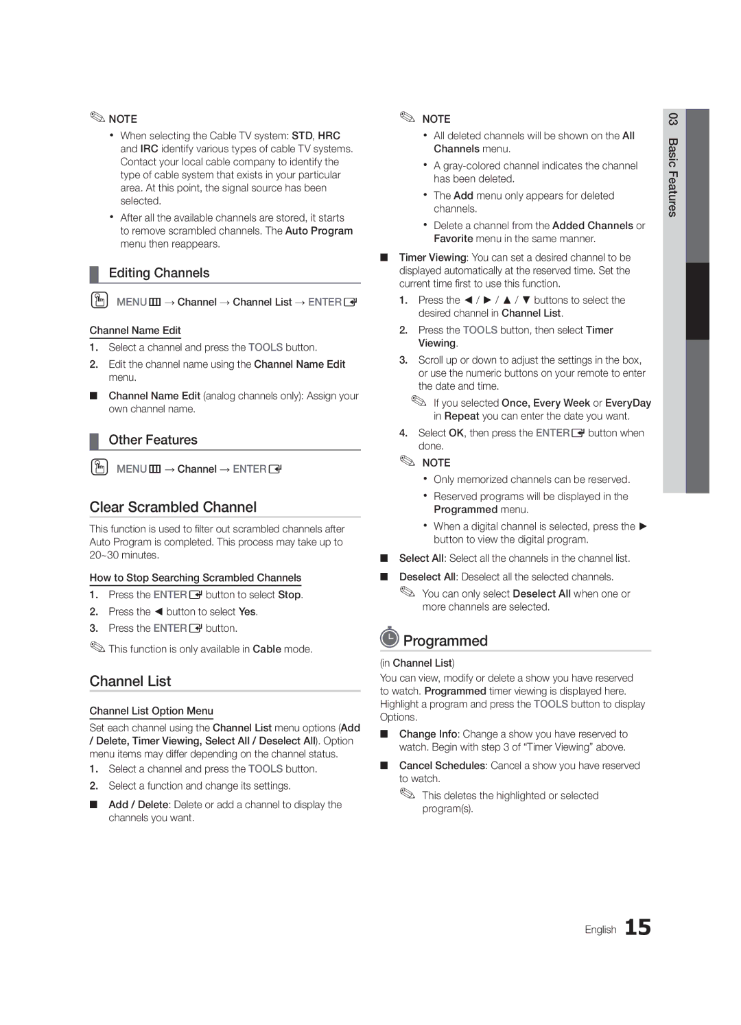 Samsung UC7000-NA Clear Scrambled Channel, Programmed, Editing Channels, Other Features, Channel List Option Menu 