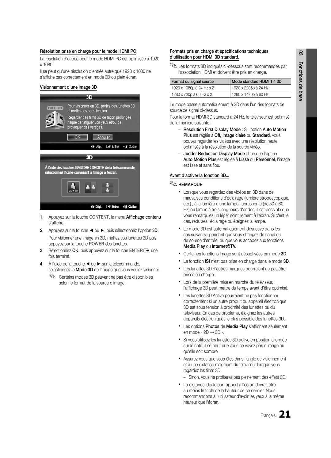 Samsung UC7000-NA, BN68-02627A-07 user manual Visionnement dune image 3D, Selon le format de la source dimage 