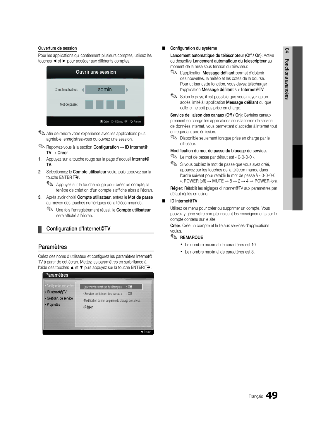 Samsung UC7000-NA, BN68-02627A-07 user manual Configuration dInternet@TV, Ouvrir une session 