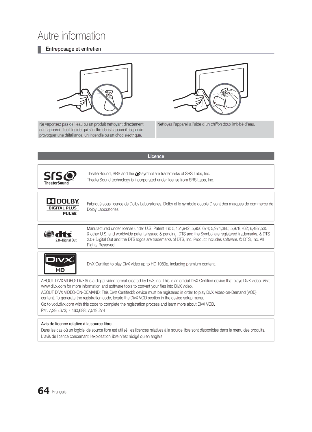 Samsung BN68-02627A-07 Entreposage et entretien, Licence, Nettoyez lappareil à laide dun chiffon doux imbibé deau 