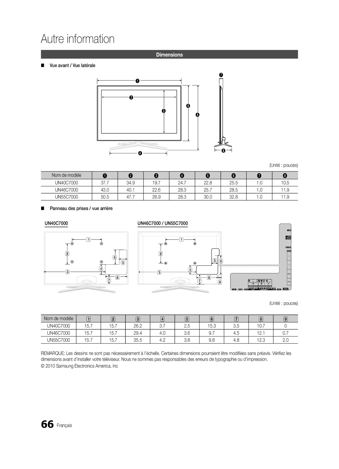 Samsung BN68-02627A-07, UC7000-NA user manual Vue avant / Vue latérale, UN40C7000 UN46C7000 / UN55C7000 