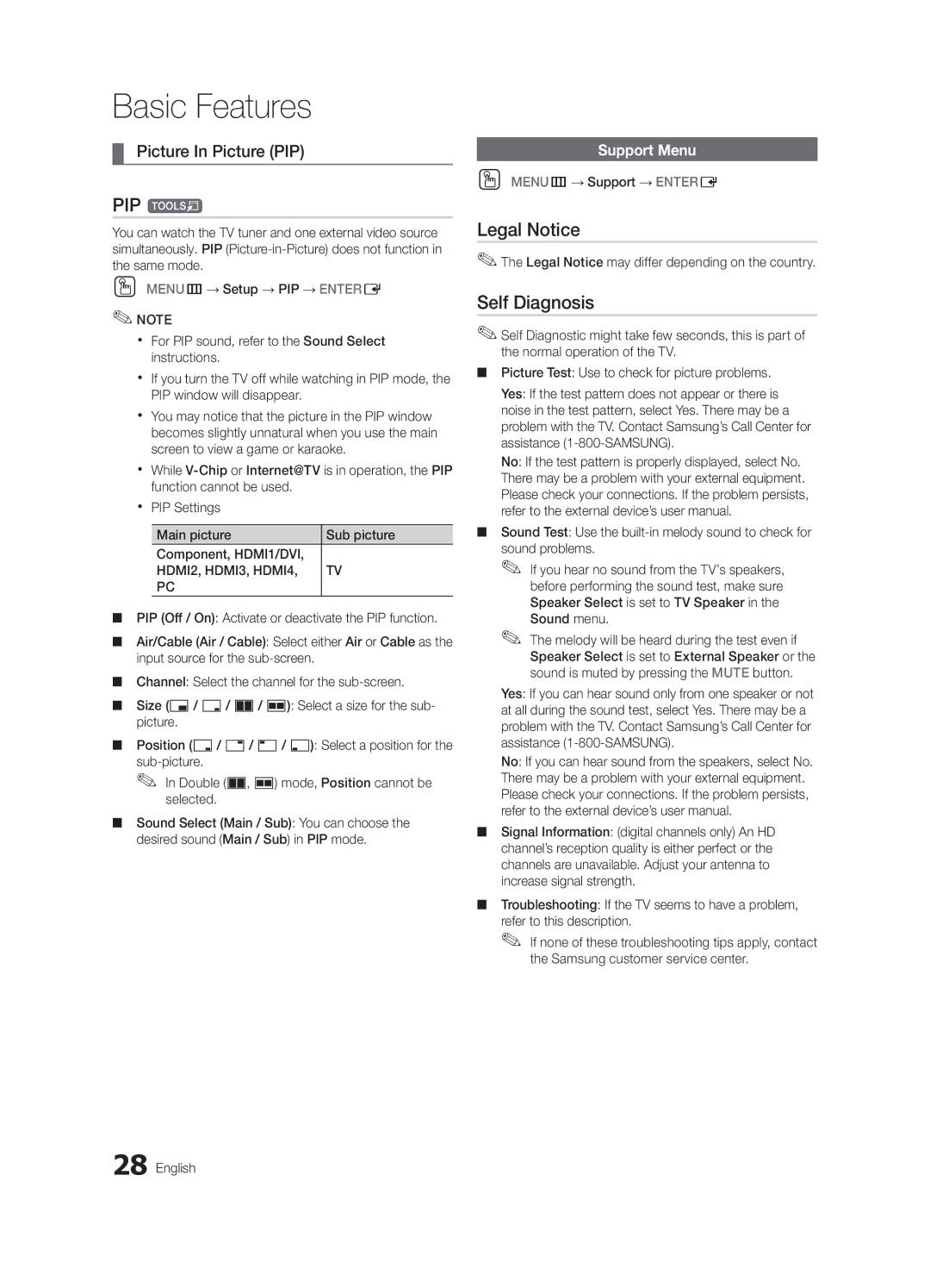 Samsung BN68-02627A-07, UC7000-NA user manual PIP t, Legal Notice, Self Diagnosis, Picture In Picture PIP, Support Menu 