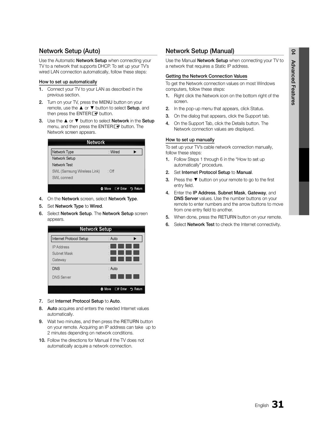 Samsung UC7000-NA, BN68-02627A-07 Network Setup Auto, Network Setup Manual, Network Type Wired Network Setup Network Test 