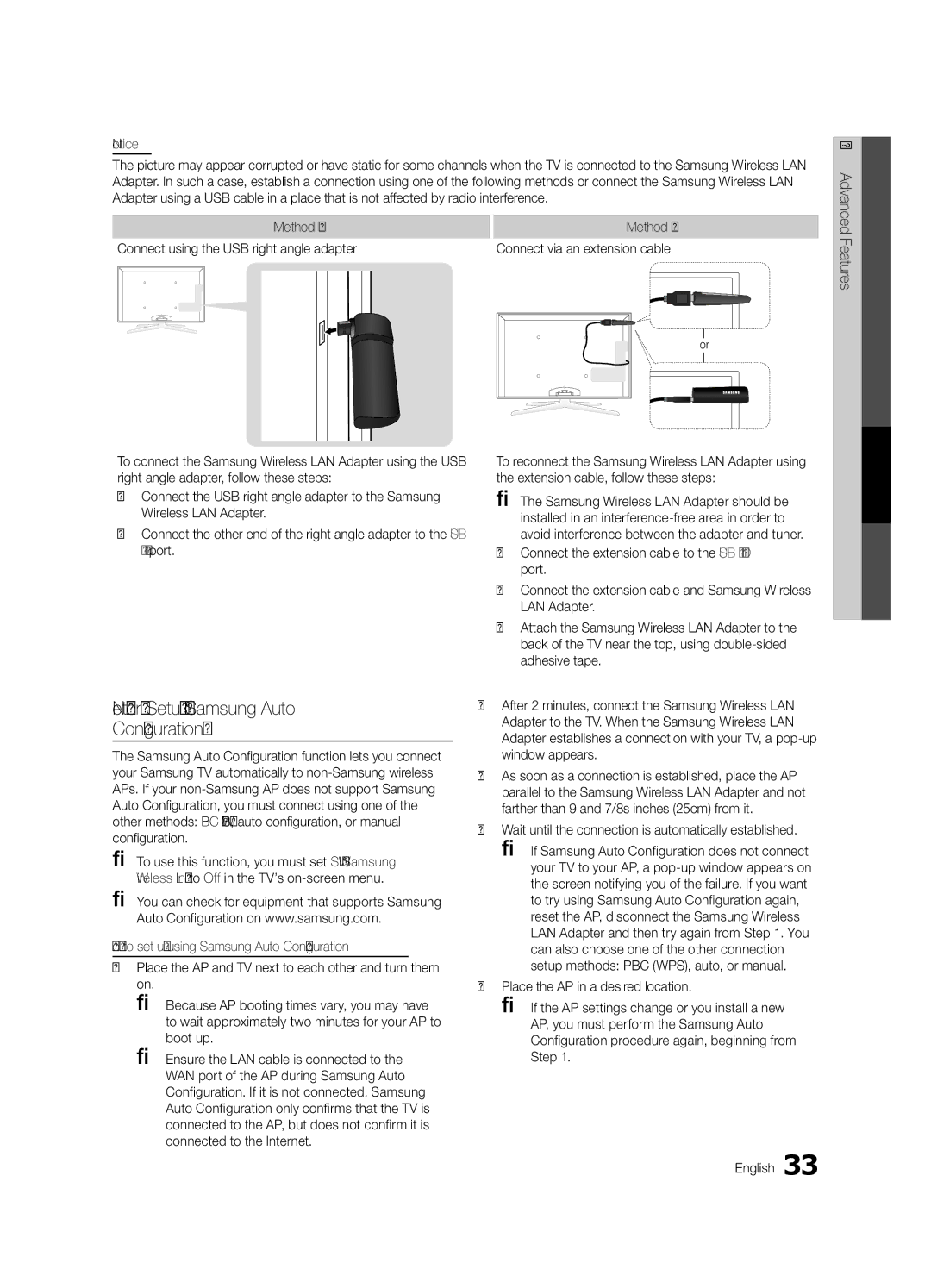 Samsung UC7000-NA, BN68-02627A-07 Network Setup Samsung Auto Configuration, Boot up, Connect via an extension cable 