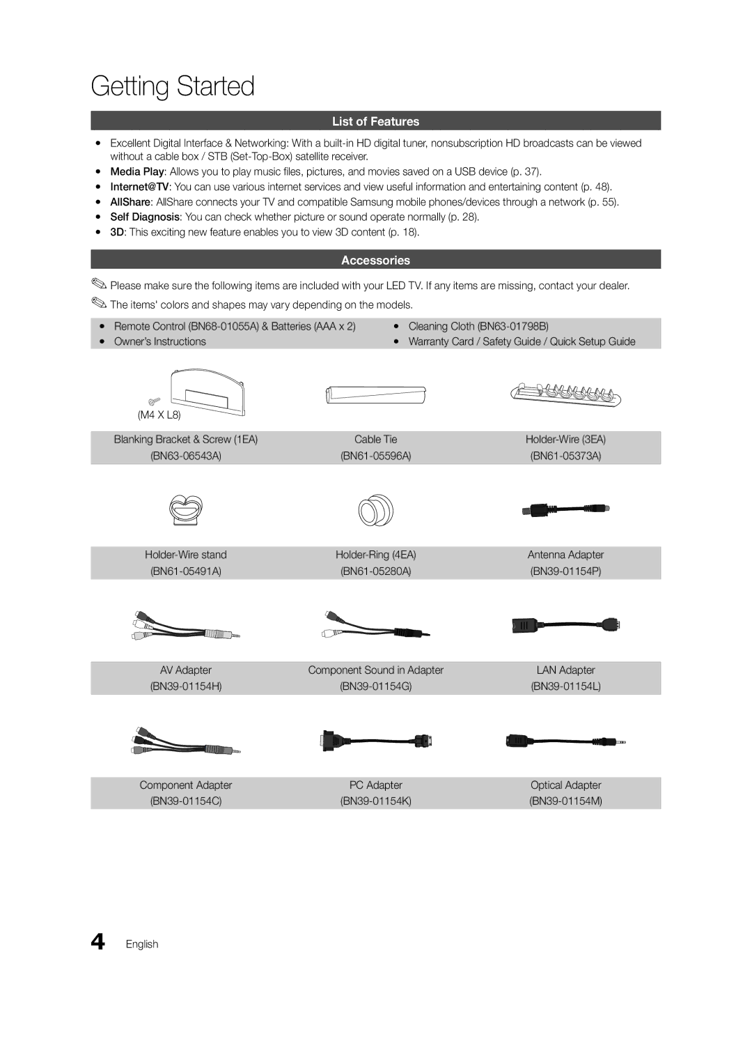 Samsung BN68-02627A-07, UC7000-NA user manual Getting Started, List of Features, Accessories, M4 X L8 