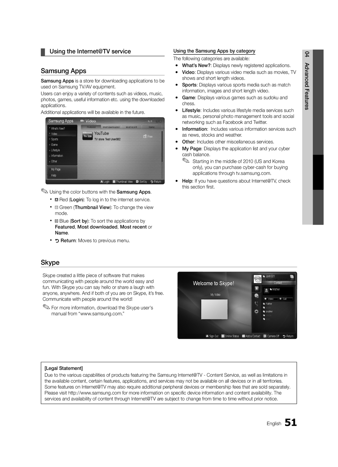 Samsung UC7000-NA, BN68-02627A-07 user manual Samsung Apps, Skype, Using the Internet@TV service, Legal Statement English 