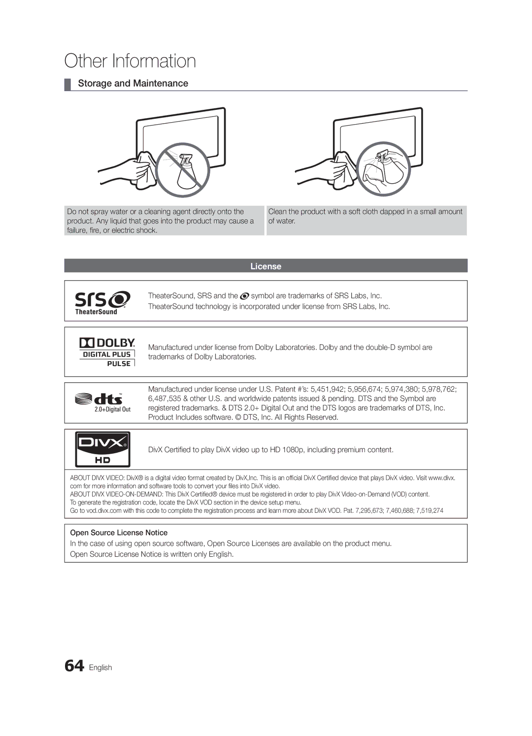 Samsung BN68-02627A-07, UC7000-NA user manual Storage and Maintenance, License 