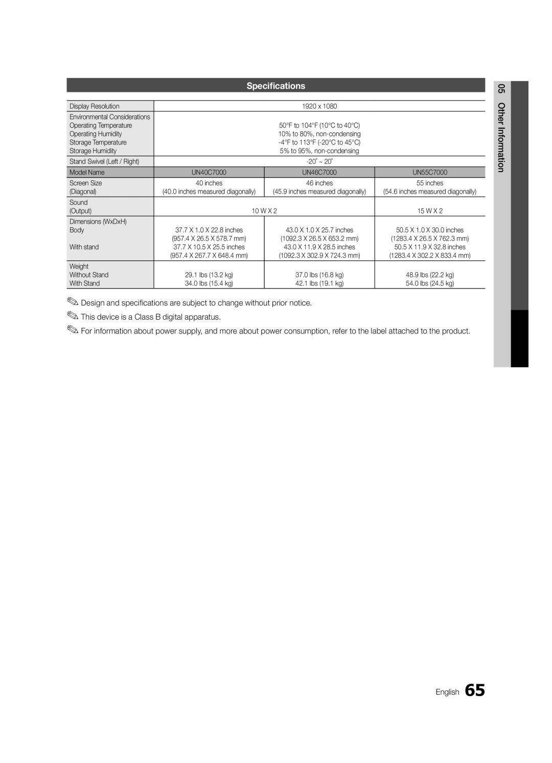 Samsung UC7000-NA, BN68-02627A-07 user manual Specifications 