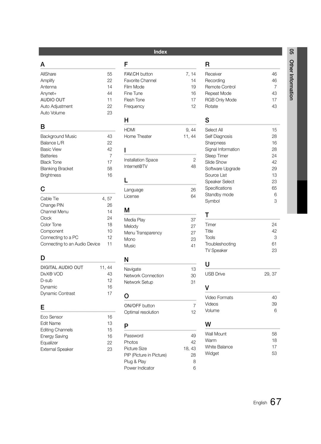 Samsung UC7000-NA Index, AllShare Amplify Antenna Anynet+, Favorite Channel Film Mode Fine Tune Flesh Tone Frequency 