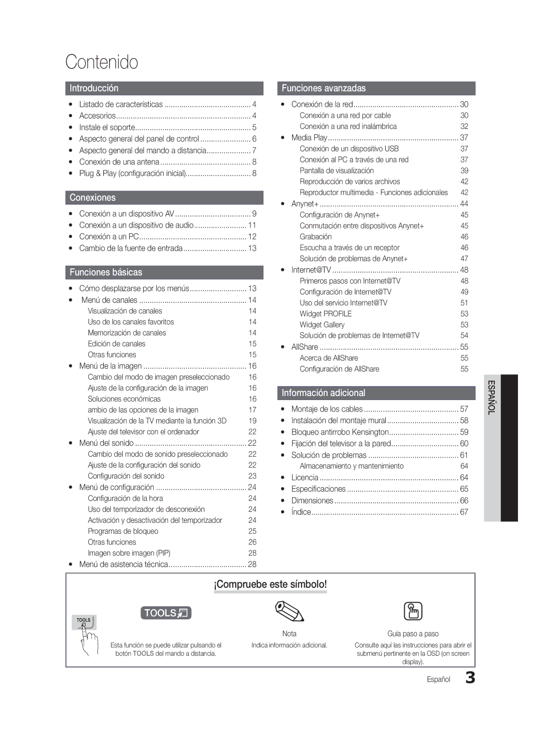 Samsung UC7000-NA, BN68-02627A-07 user manual Contenido, ¡Compruebe este símbolo 