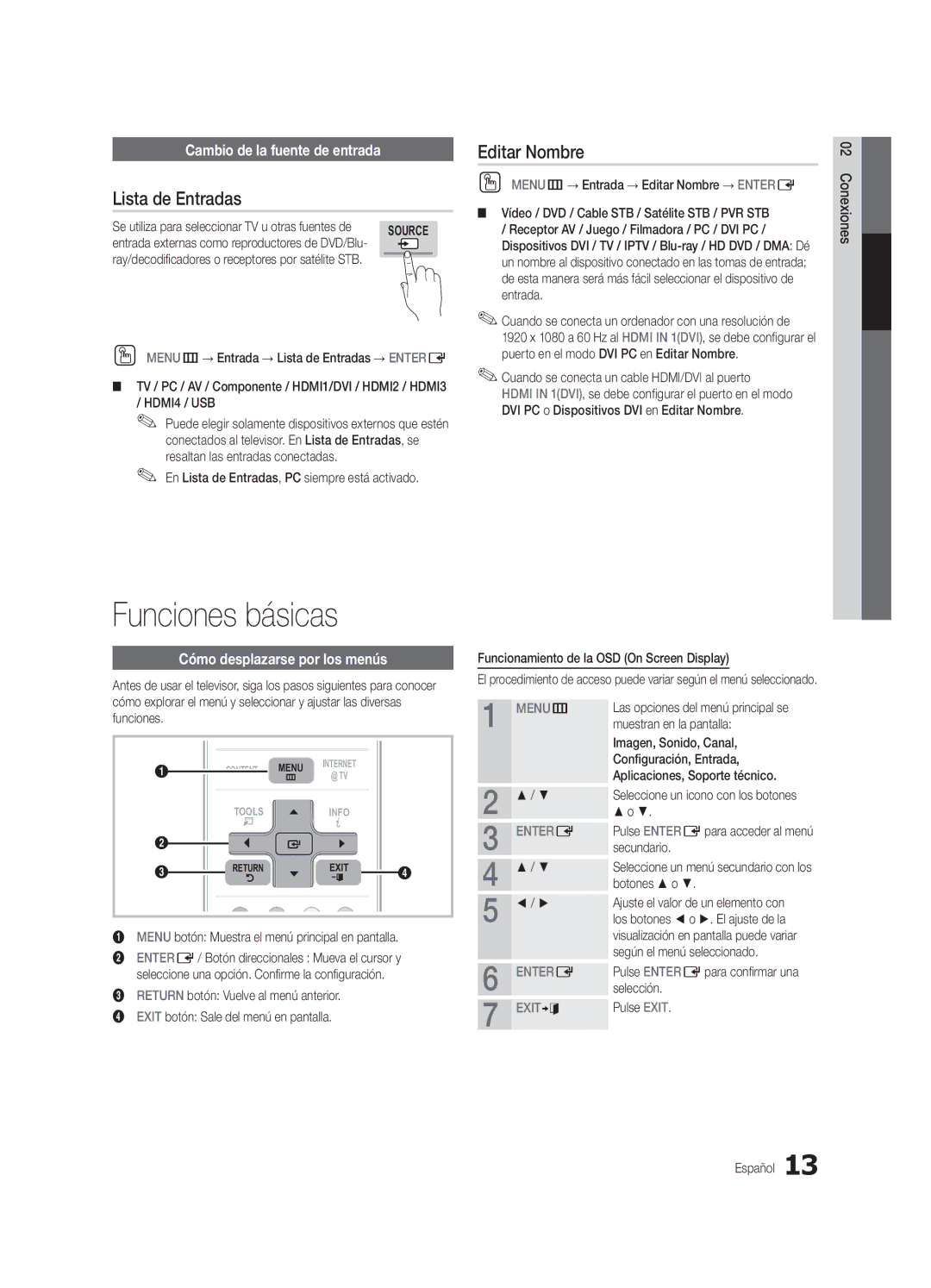 Samsung UC7000-NA, BN68-02627A-07 Funciones básicas, Lista de Entradas, Editar Nombre, Cambio de la fuente de entrada 