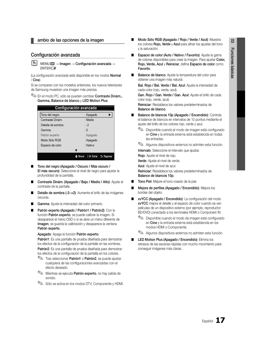 Samsung UC7000-NA, BN68-02627A-07 user manual Configuración avanzada, Ambio de las opciones de la imagen 