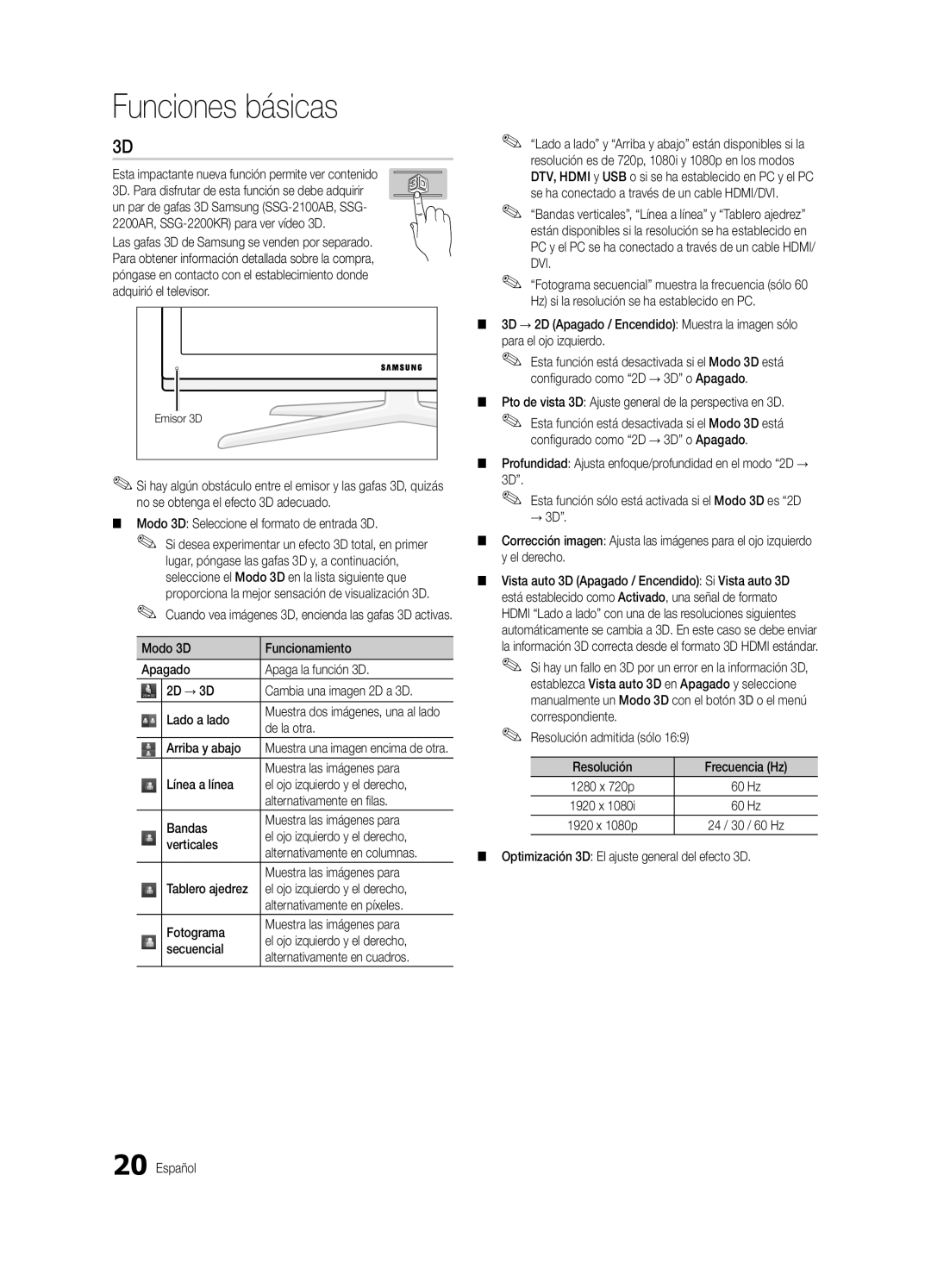 Samsung BN68-02627A-07 Modo 3D Seleccione el formato de entrada 3D, De la otra, Arriba y abajo, Muestra las imágenes para 