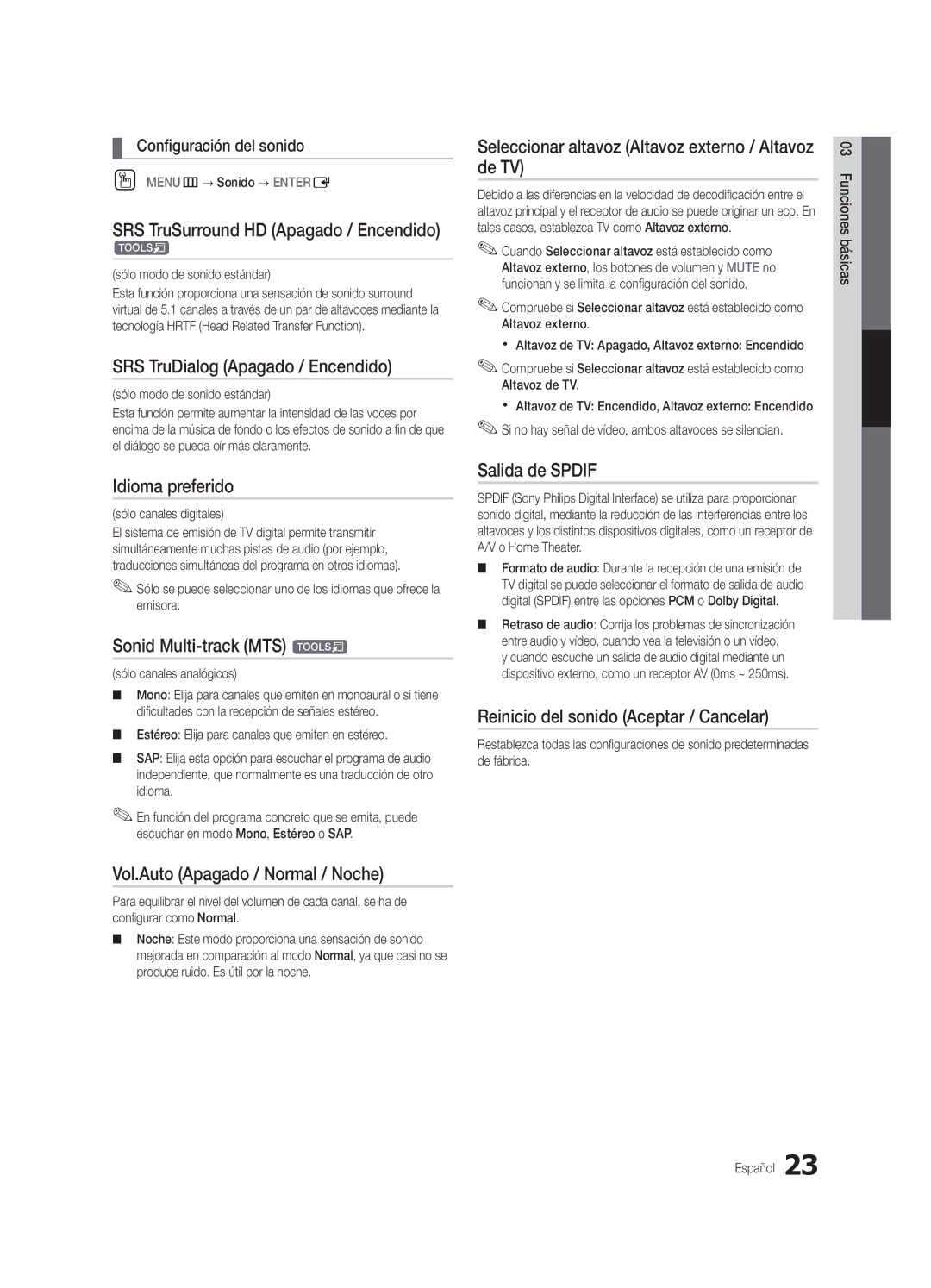 Samsung UC7000-NA user manual SRS TruSurround HD Apagado / Encendido t, SRS TruDialog Apagado / Encendido, Idioma preferido 