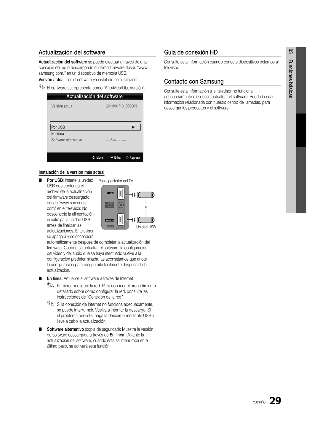 Samsung UC7000-NA, BN68-02627A-07 user manual Actualización del software, Guía de conexión HD, Contacto con Samsung 