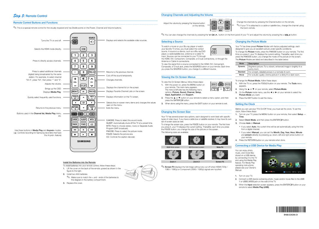 Samsung BN68-02628A-01 setup guide Remote Control 