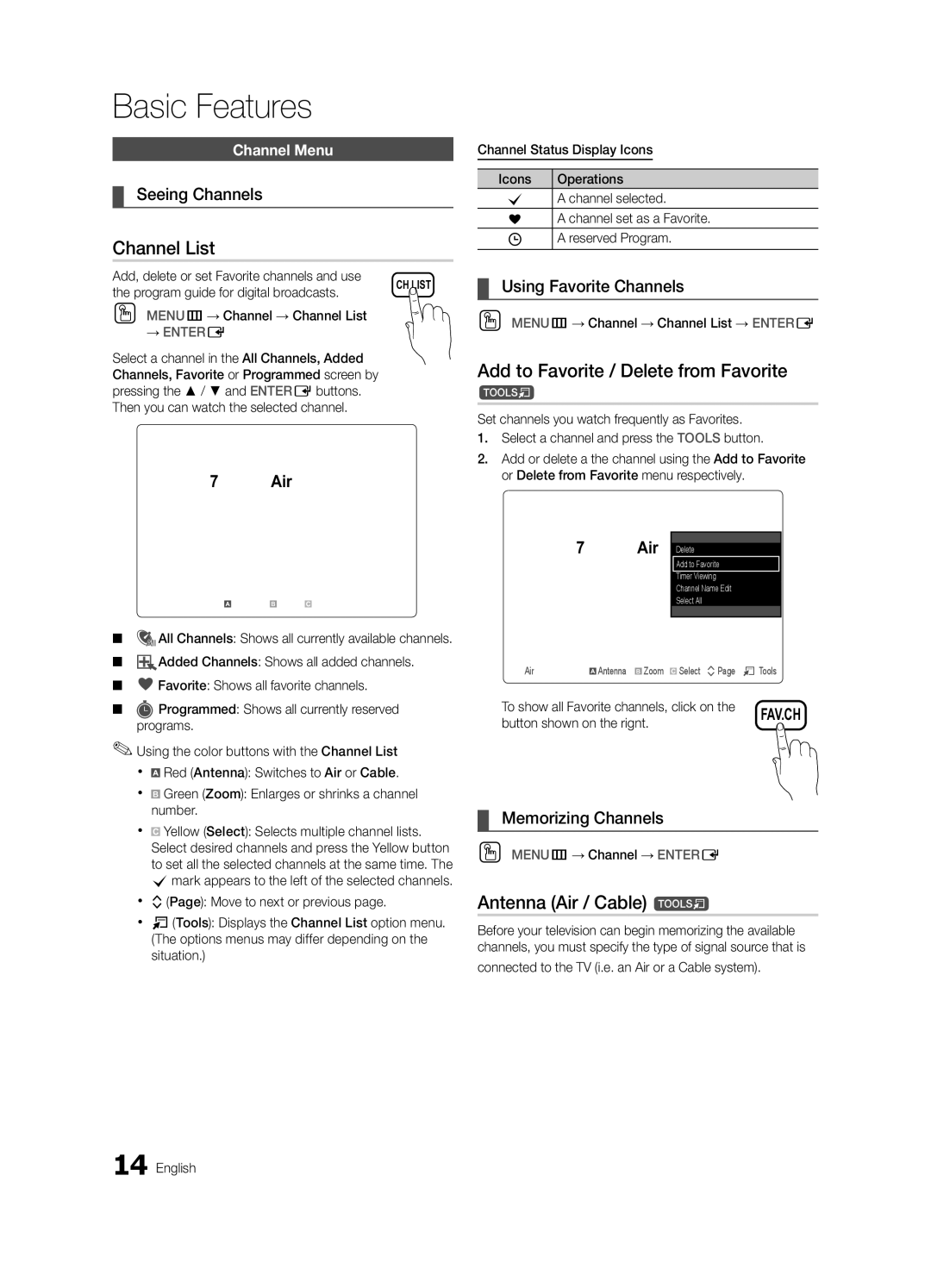 Samsung BN68-02651A-03 user manual Channel List, Add to Favorite / Delete from Favorite, Antenna Air / Cable t 