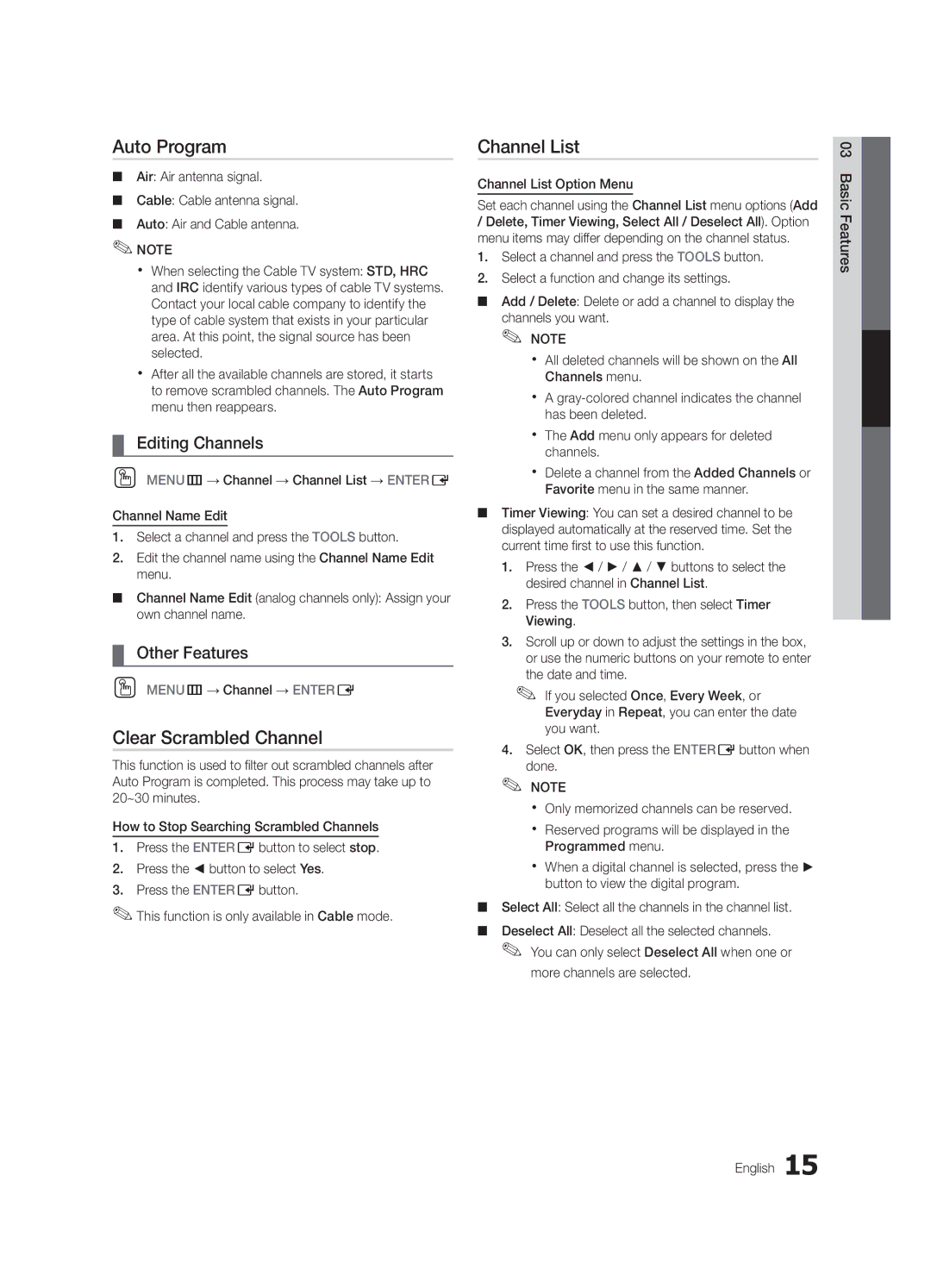 Samsung BN68-02651A-03 user manual Auto Program, Clear Scrambled Channel, Editing Channels, Other Features 