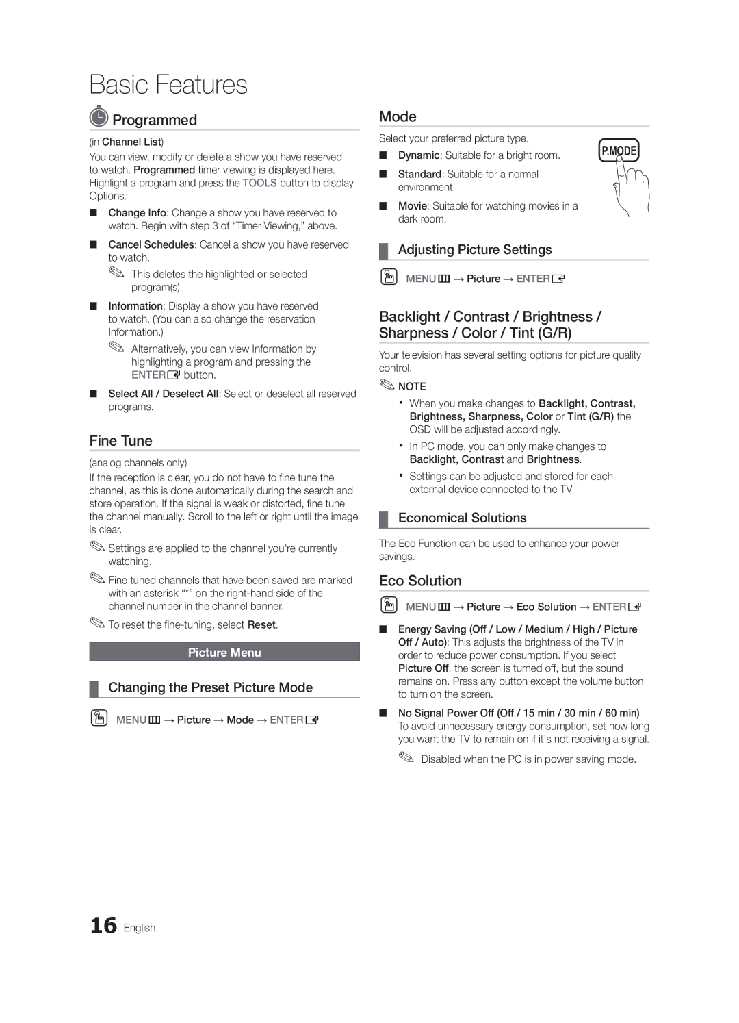 Samsung BN68-02651A-03 user manual Programmed, Fine Tune, Mode, Eco Solution 