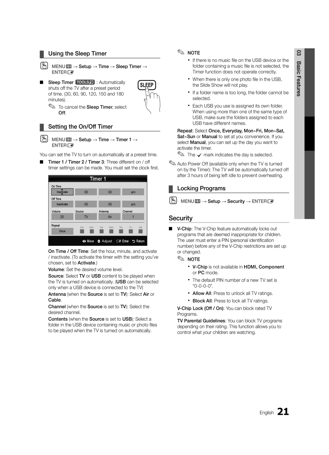 Samsung BN68-02651A-03 user manual Security, Using the Sleep Timer, Setting the On/Off Timer, Locking Programs 