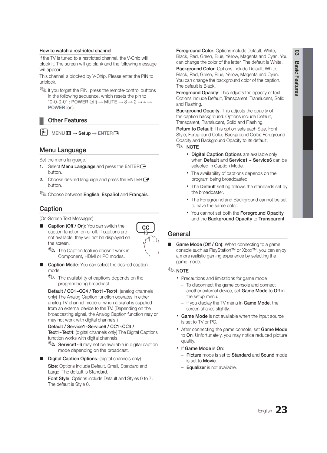 Samsung BN68-02651A-03 user manual Menu Language, Caption, General, OO MENUm→ Setup → Entere 