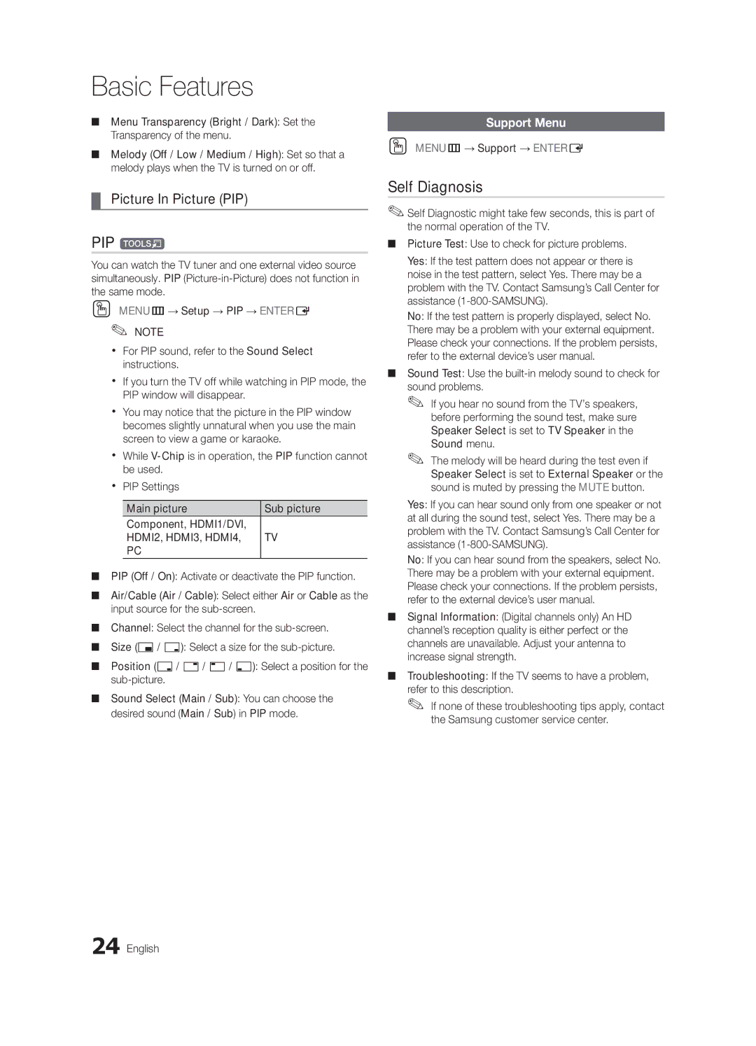 Samsung BN68-02651A-03 user manual PIP t, Self Diagnosis, Picture In Picture PIP, Support Menu, OO MENUm→ Support → Entere 