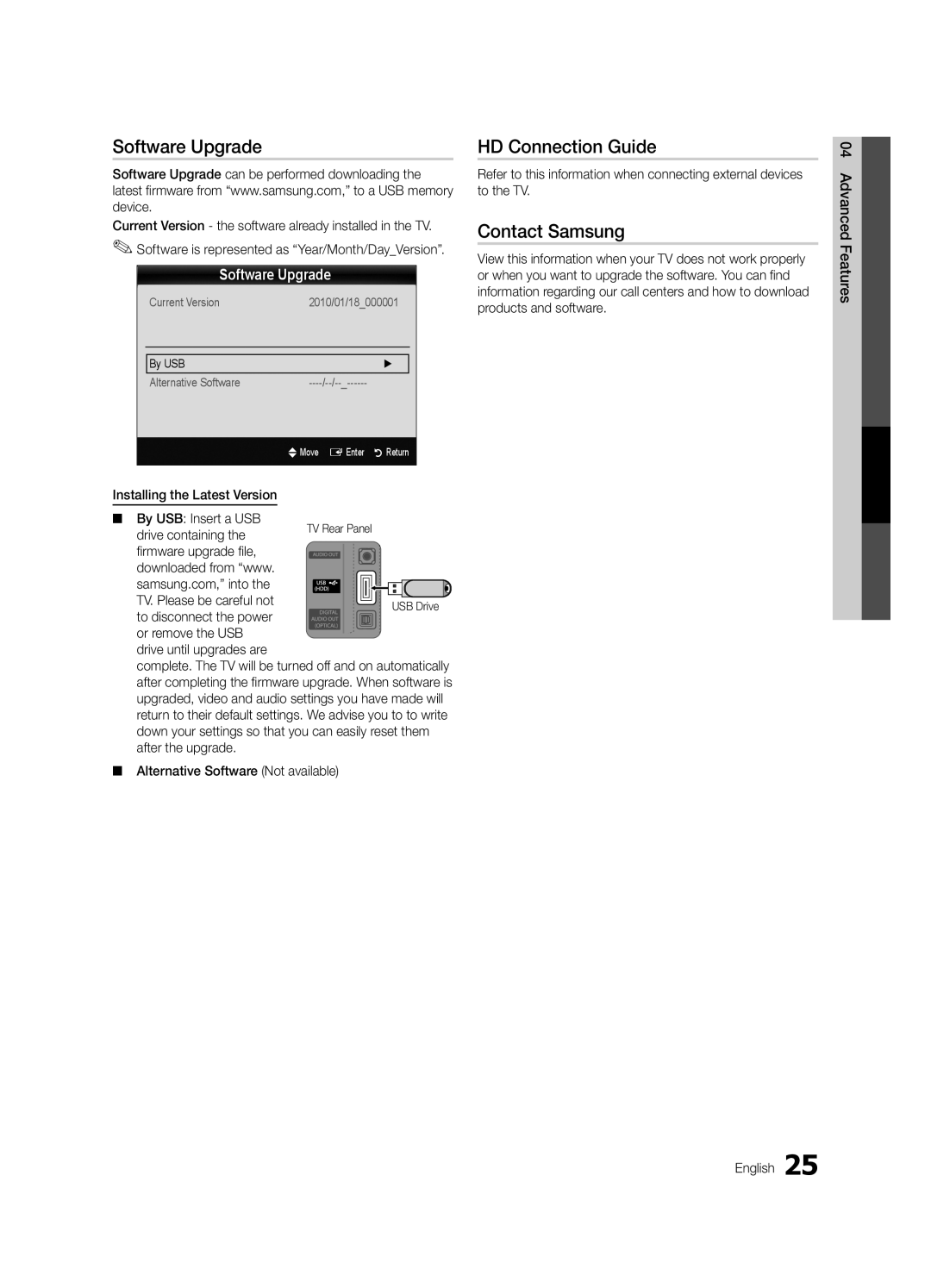 Samsung BN68-02651A-03 Software Upgrade, HD Connection Guide, Contact Samsung, Alternative Software Not available 