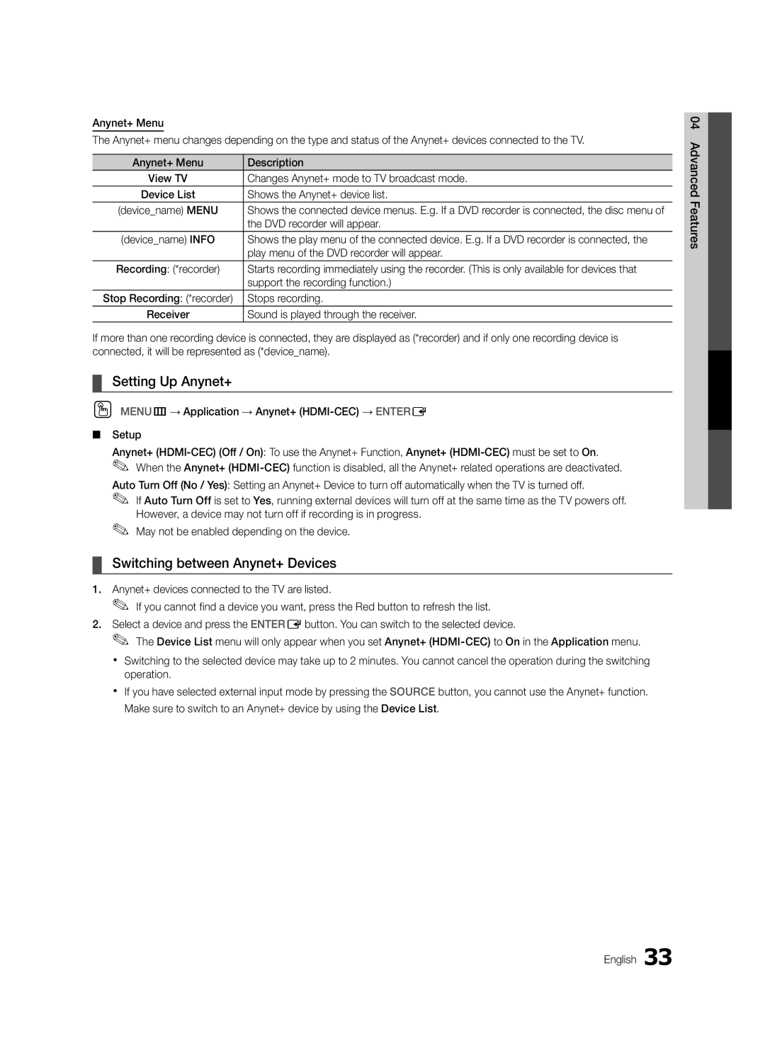 Samsung BN68-02651A-03 user manual Setting Up Anynet+, Switching between Anynet+ Devices 