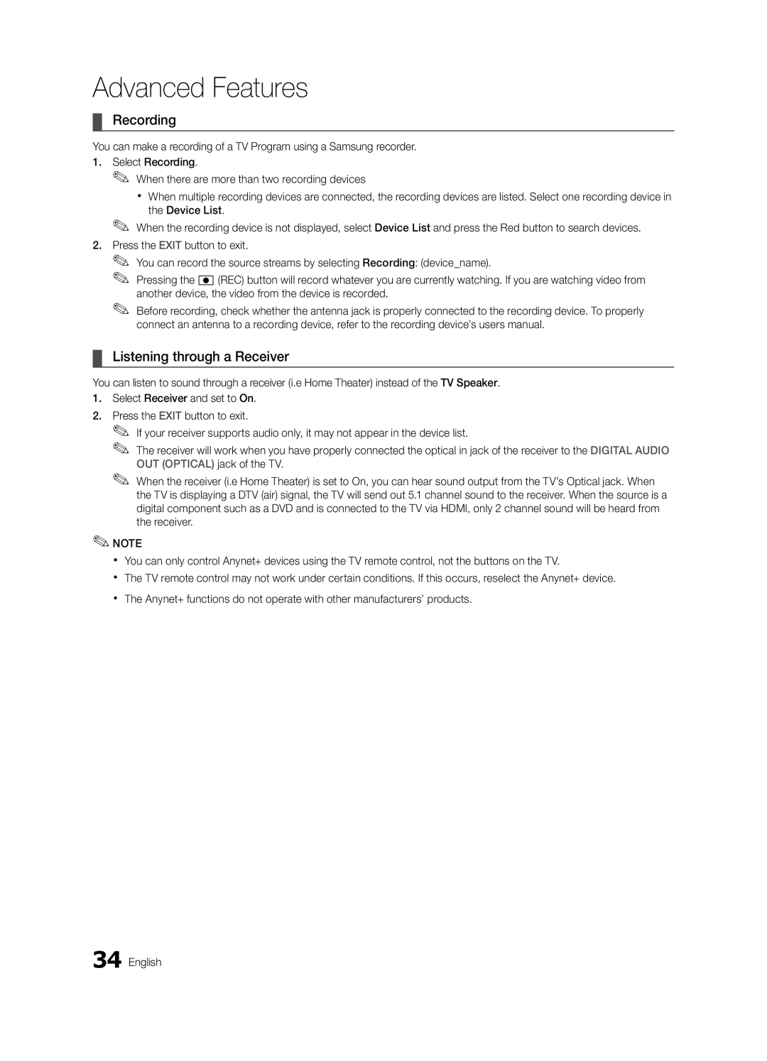 Samsung BN68-02651A-03 user manual Recording, Listening through a Receiver 