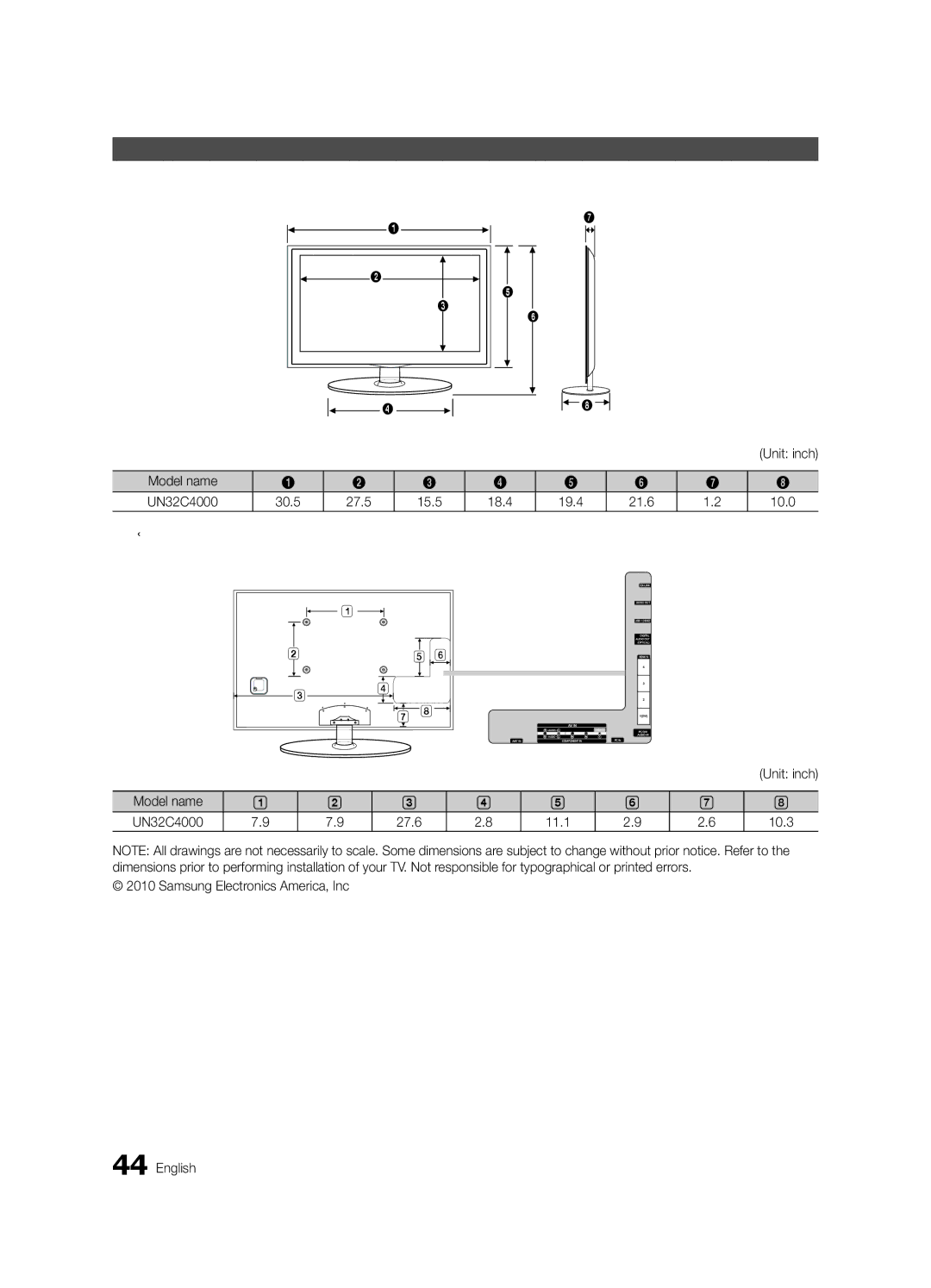 Samsung BN68-02651A-03 user manual Dimensions, Front view / Side view, Unit inch 