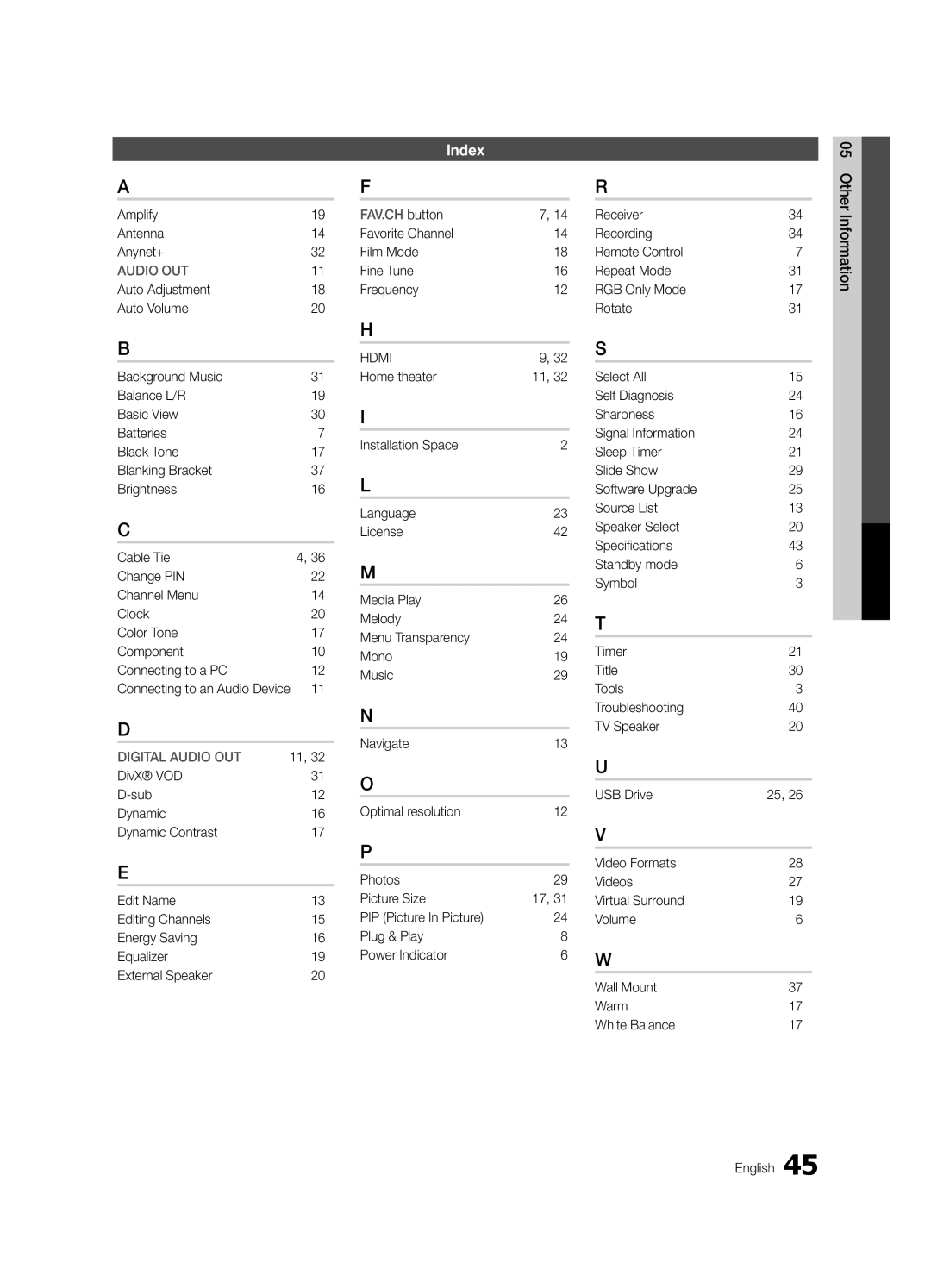 Samsung BN68-02651A-03 user manual Index, Amplify Antenna Anynet+, Favorite Channel Film Mode Fine Tune Frequency 