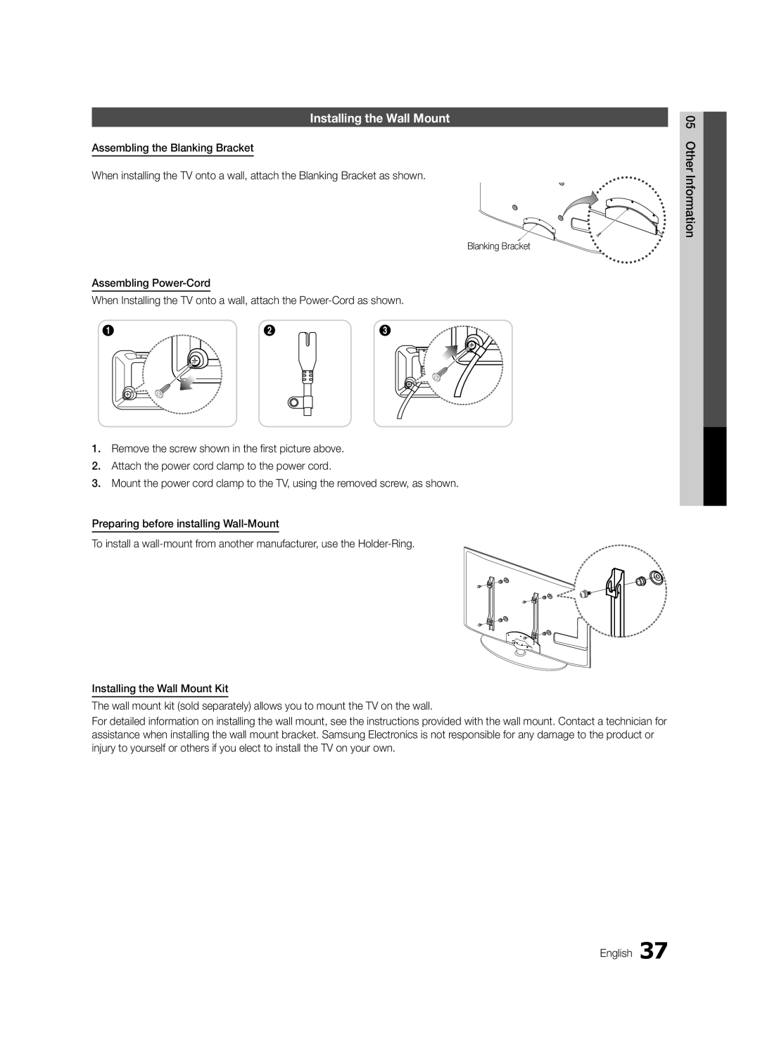 Samsung BN68-02651A-04 user manual Installing the Wall Mount 