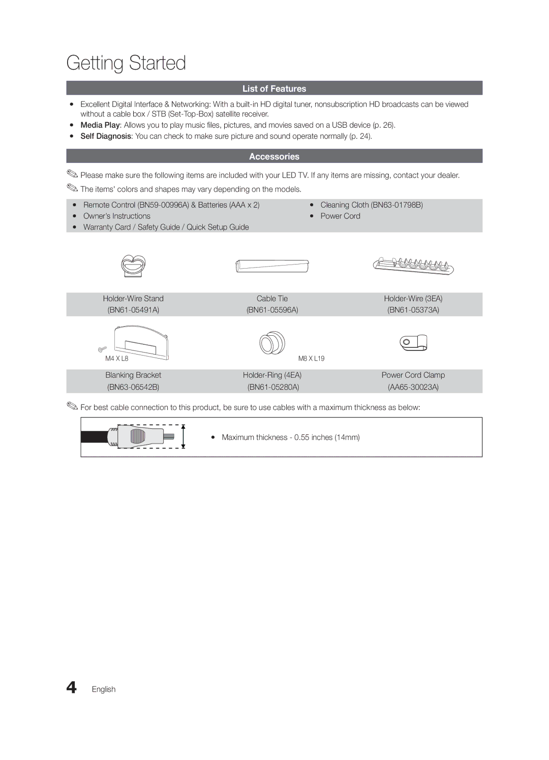 Samsung BN68-02651A-04 user manual Getting Started, List of Features, Accessories, Blanking Bracket Holder-Ring 4EA 