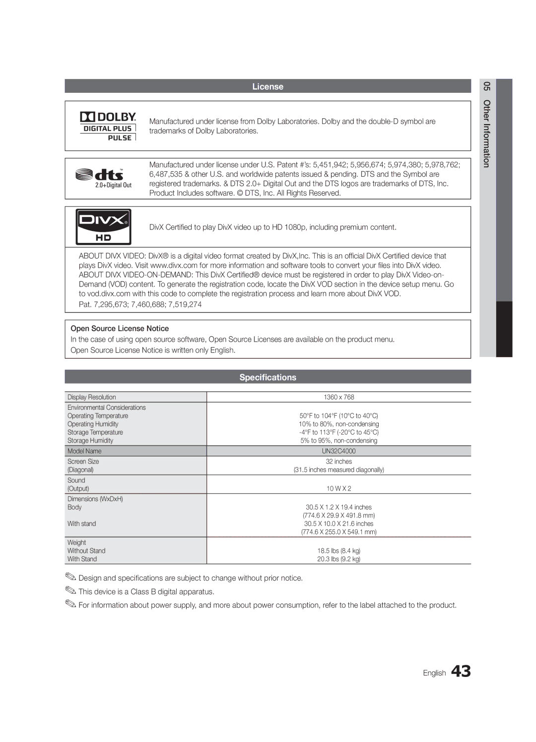 Samsung BN68-02651A-04 user manual License, Specifications 