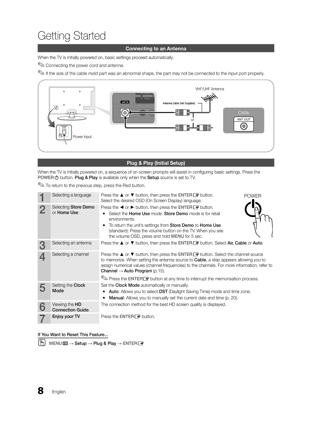 Samsung BN68-02651A-04 user manual Connecting to an Antenna, Plug & Play Initial Setup, VHF/UHF Antenna, Power Input 