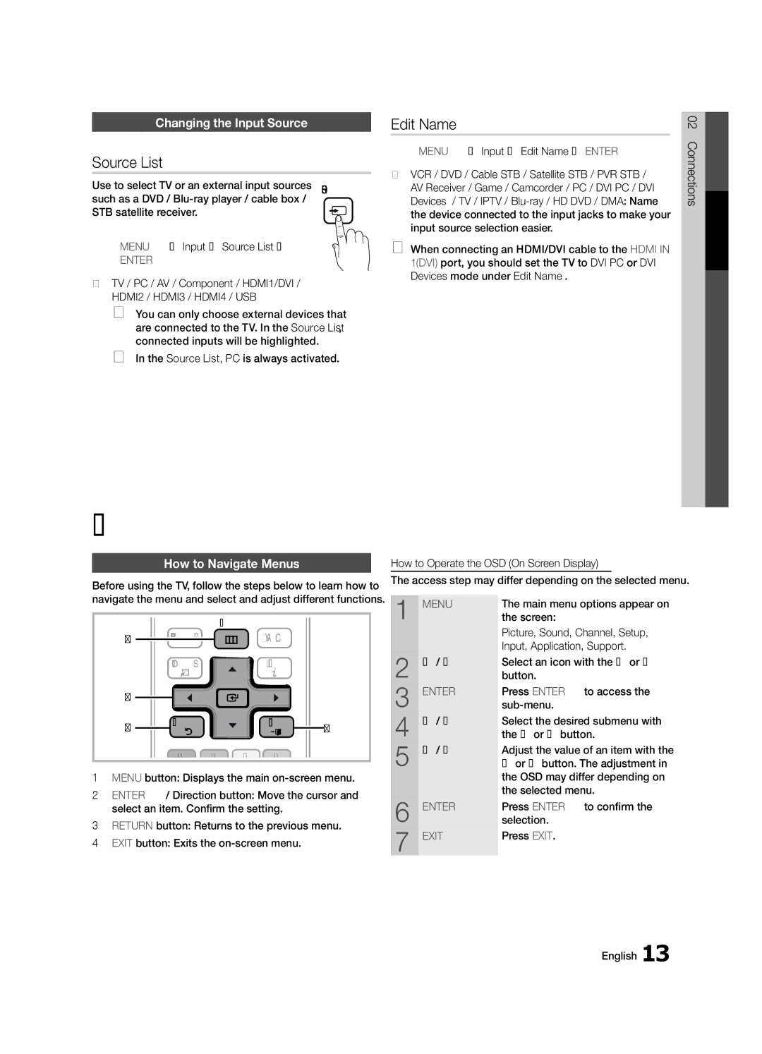 Samsung BN68-02651B-04 user manual Basic Features, Source List, Edit Name, Changing the Input Source, How to Navigate Menus 