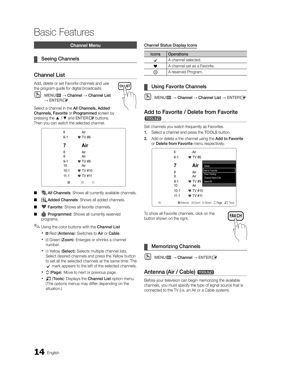 Samsung BN68-02651B-04 user manual Channel List, Add to Favorite / Delete from Favorite, Antenna Air / Cable t 